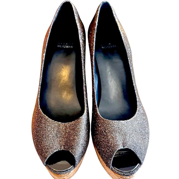 Stuart Weitzman Grey Lurex Glitter Anna Cork Wedge Platform Peep Toe Pumps 9.5 - Picture 3 of 13